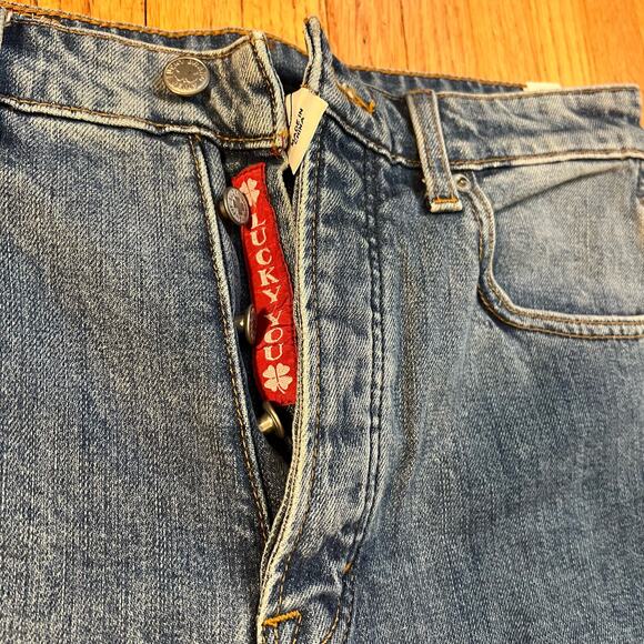 Lucky Jeans Womens 28 Spellout Straight Dungaree Button Fly Blue Denim crop - Picture 3 of 11